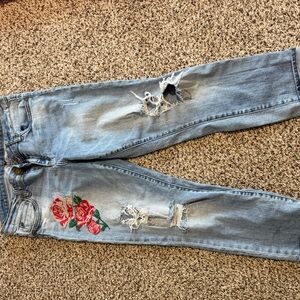 Embroidered Blue Jeans with Floral Design